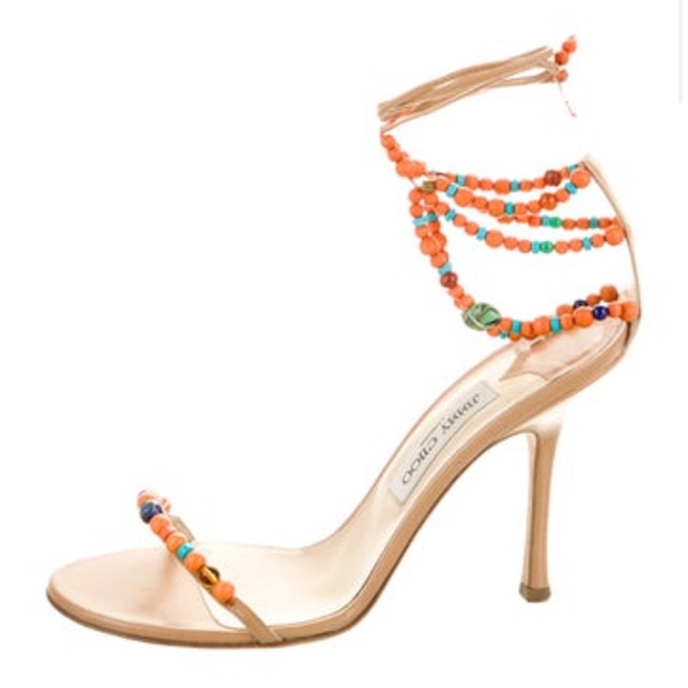 JIMMY CHOO BEADED EMBELLISHED SANDAL HEEL